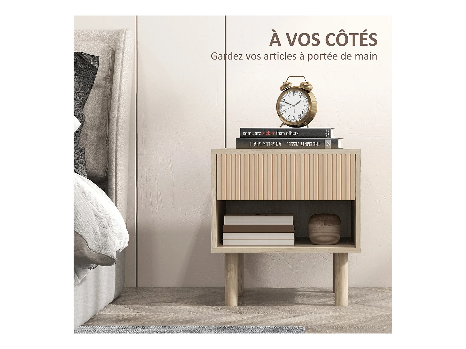 Table de chevet table de nuit design Urban Craft - tiroir coulissant, niche - piètement cylindrique - panneaux particules aspect bois clair