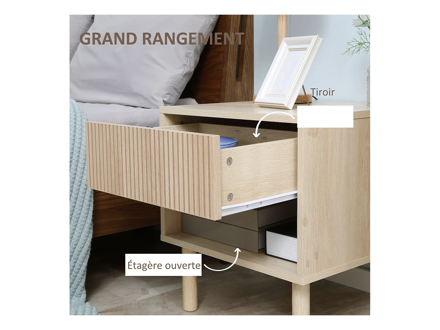 Table de chevet table de nuit design Urban Craft - tiroir coulissant, niche - piètement cylindrique - panneaux particules aspect bois clair