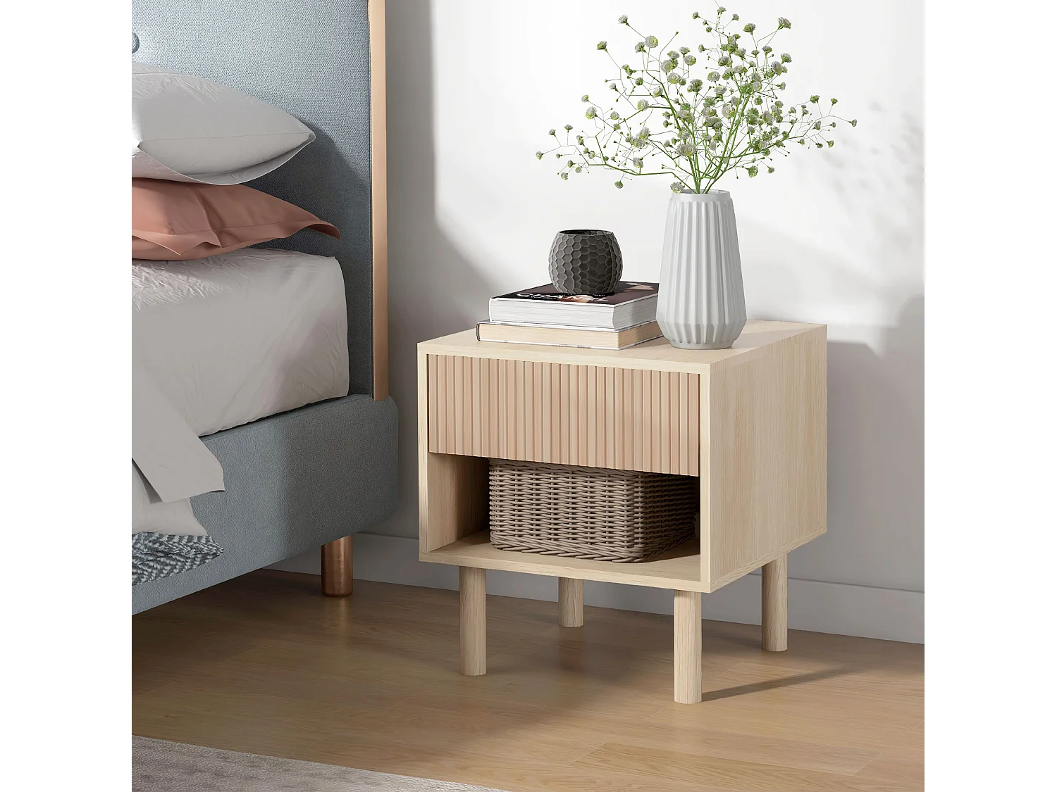 Table de chevet table de nuit design Urban Craft - tiroir coulissant, niche - piètement cylindrique - panneaux particules aspect bois clair