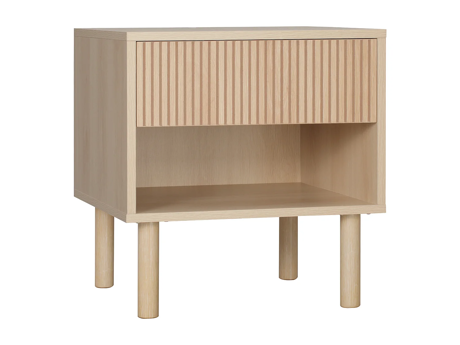 Table de chevet table de nuit design Urban Craft - tiroir coulissant, niche - piètement cylindrique - panneaux particules aspect bois clair