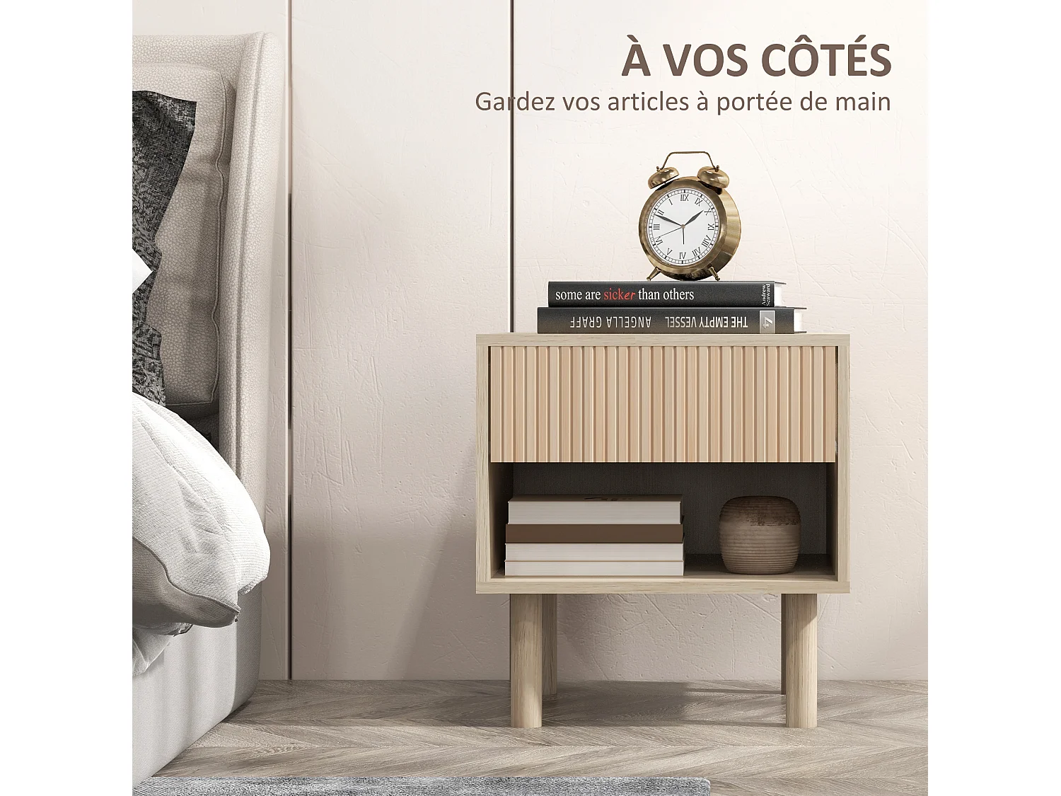 Table de chevet table de nuit design Urban Craft - tiroir coulissant, niche - piètement cylindrique - panneaux particules aspect bois clair