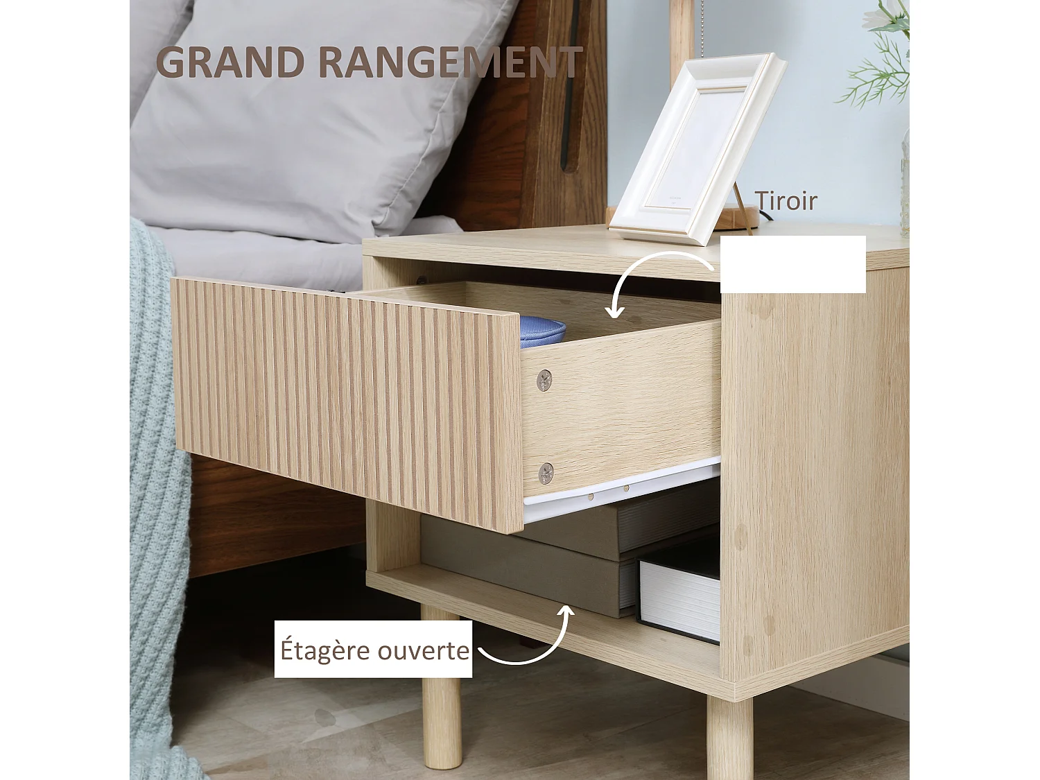 Table de chevet table de nuit design Urban Craft - tiroir coulissant, niche - piètement cylindrique - panneaux particules aspect bois clair