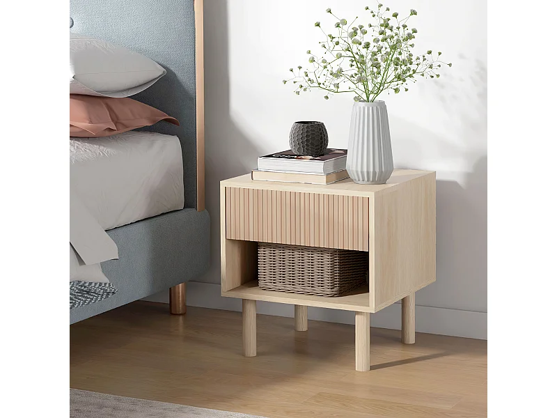 Table de chevet table de nuit design Urban Craft - tiroir coulissant, niche - piètement cylindrique - panneaux particules aspect bois clair