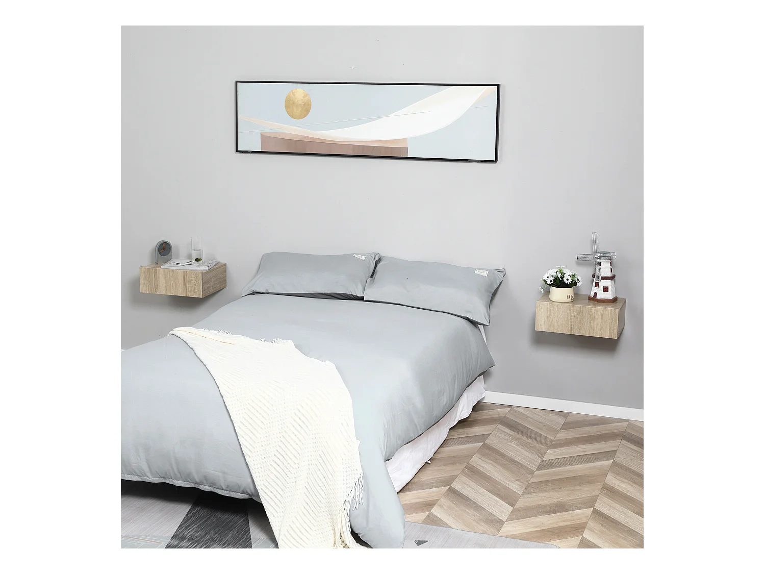 Lot de 2 tables de chevet murales - lot de 2 tables de nuit - tiroir coulissant, plateau - panneaux particules aspect chêne clair