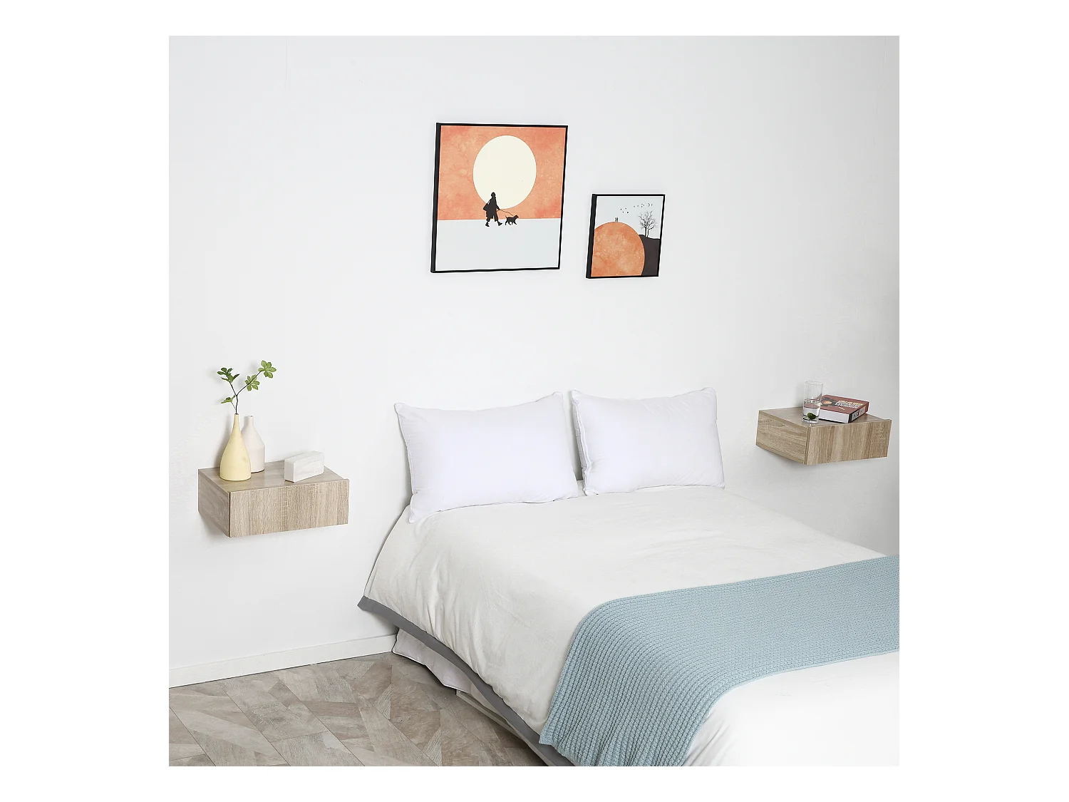 Lot de 2 tables de chevet murales - lot de 2 tables de nuit - tiroir coulissant, plateau - panneaux particules aspect chêne clair