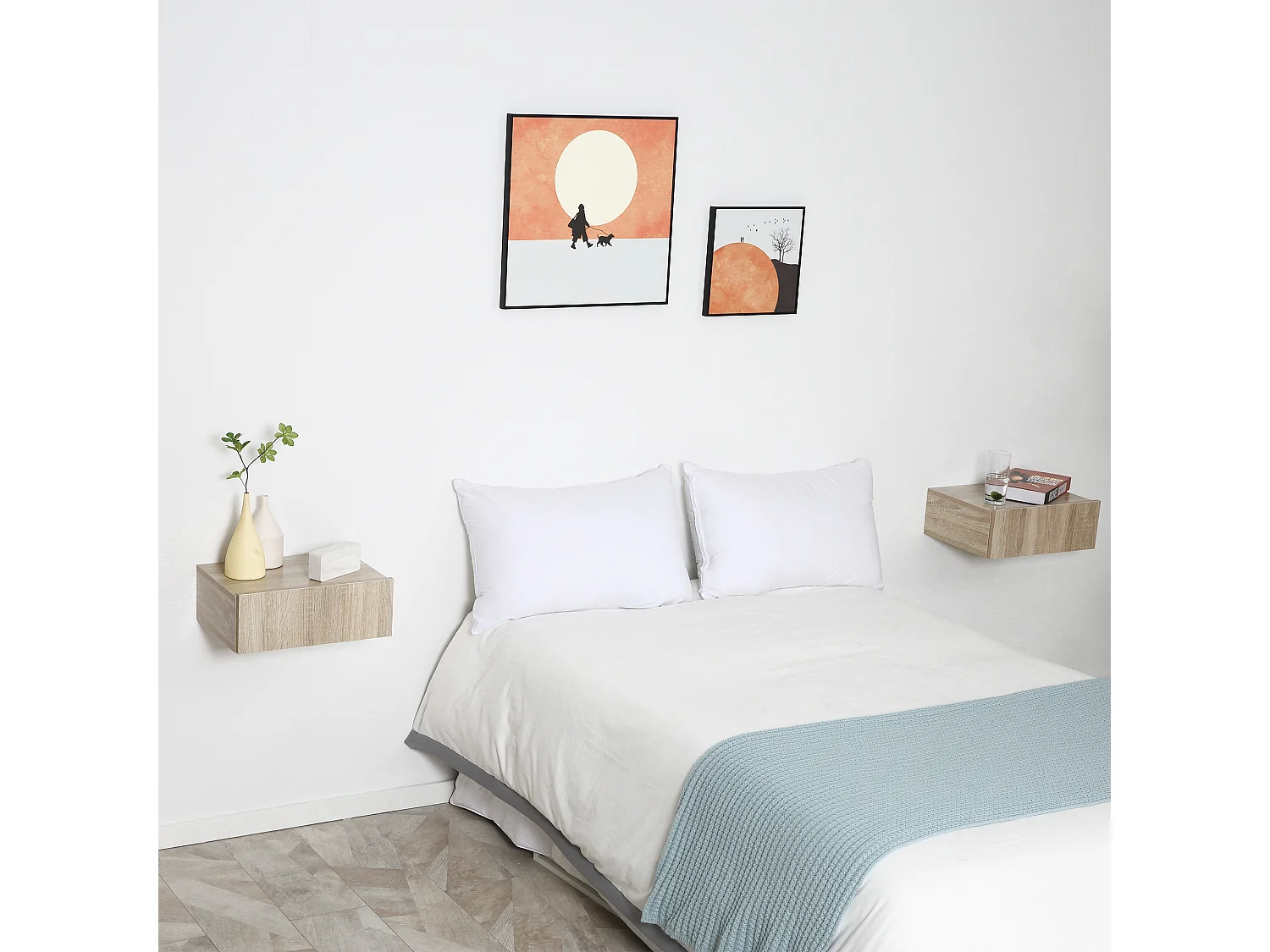 Lot de 2 tables de chevet murales - lot de 2 tables de nuit - tiroir coulissant, plateau - panneaux particules aspect chêne clair