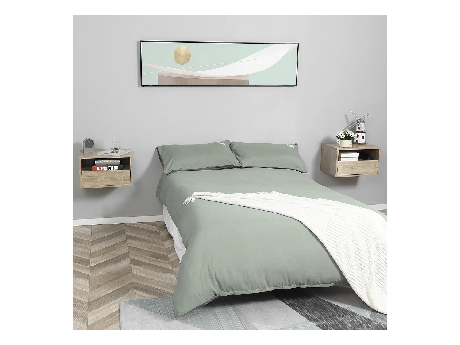 Lot de 2 tables de chevet murales - lot de 2 tables de nuit - tiroir coulissant, niche, plateau - panneaux particules aspect chêne clair