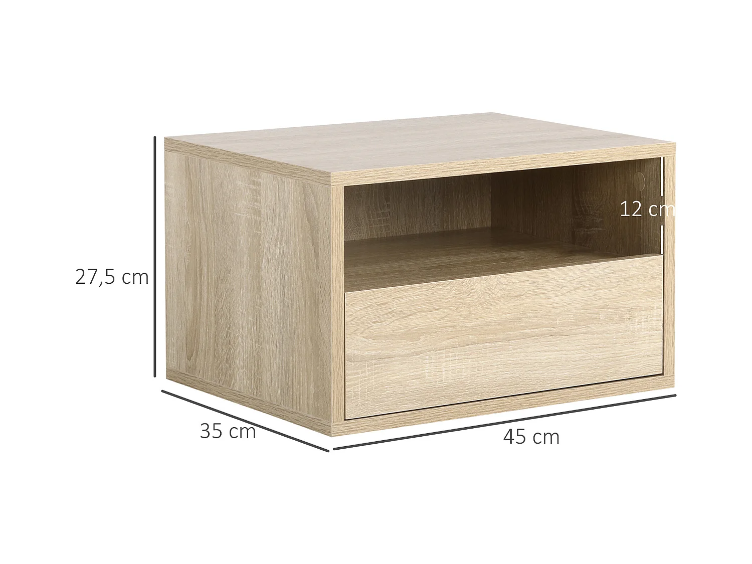 Lot de 2 tables de chevet murales - lot de 2 tables de nuit - tiroir coulissant, niche, plateau - panneaux particules aspect chêne clair