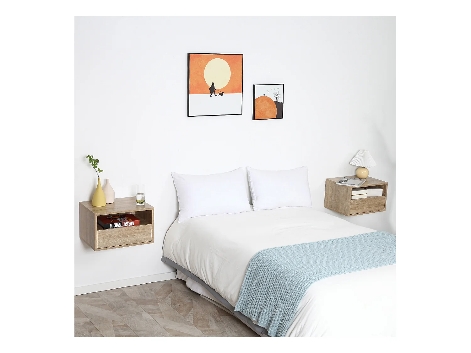 Lot de 2 tables de chevet murales - lot de 2 tables de nuit - tiroir coulissant, niche, plateau - panneaux particules aspect chêne clair