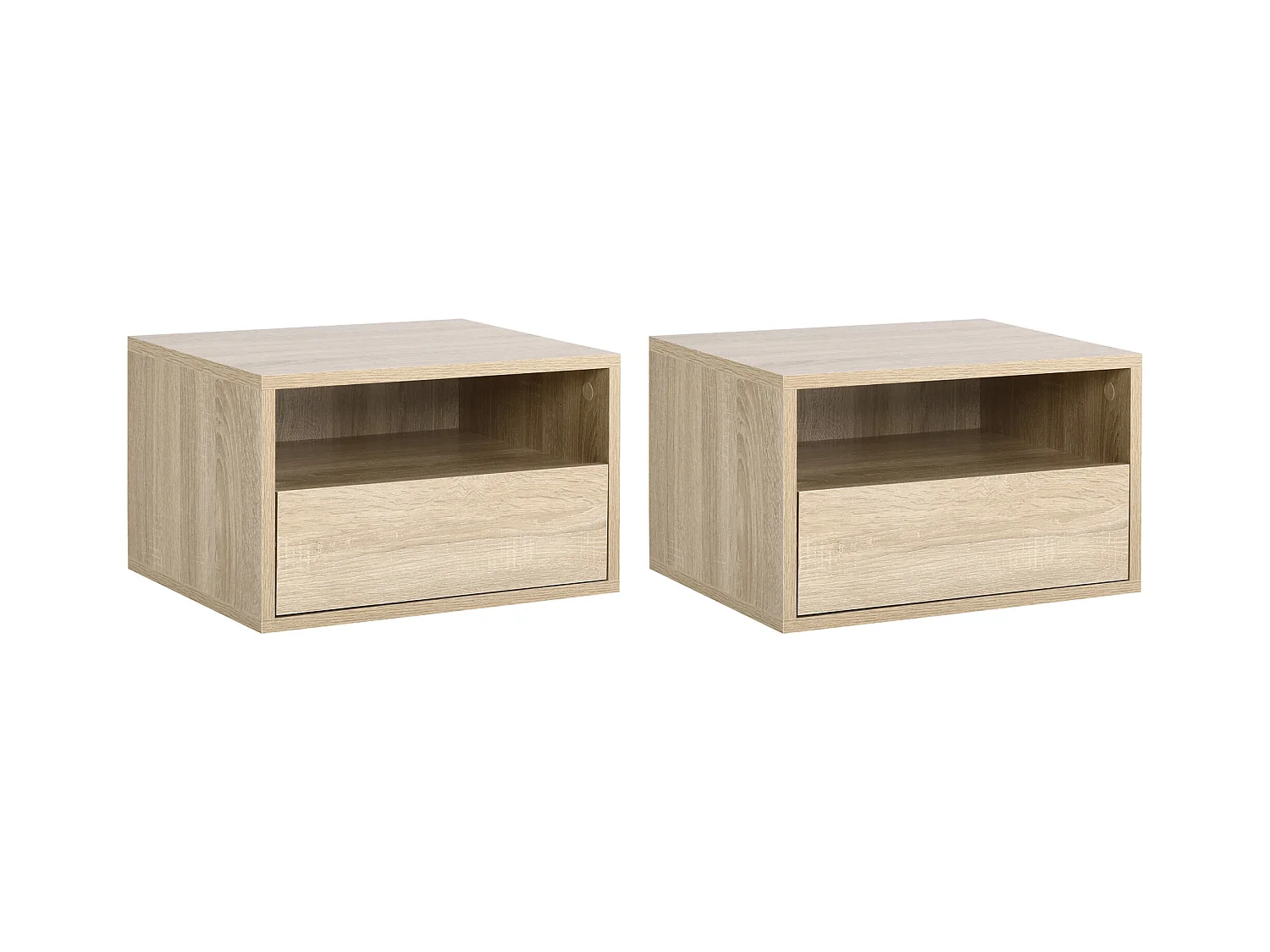 Lot de 2 tables de chevet murales - lot de 2 tables de nuit - tiroir coulissant, niche, plateau - panneaux particules aspect chêne clair