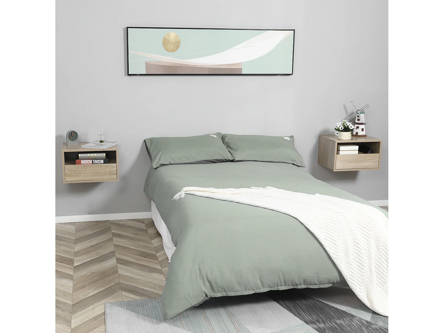 Lot de 2 tables de chevet murales - lot de 2 tables de nuit - tiroir coulissant, niche, plateau - panneaux particules aspect chêne clair