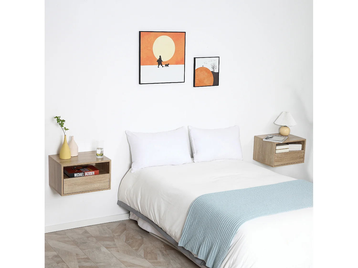 Lot de 2 tables de chevet murales - lot de 2 tables de nuit - tiroir coulissant, niche, plateau - panneaux particules aspect chêne clair