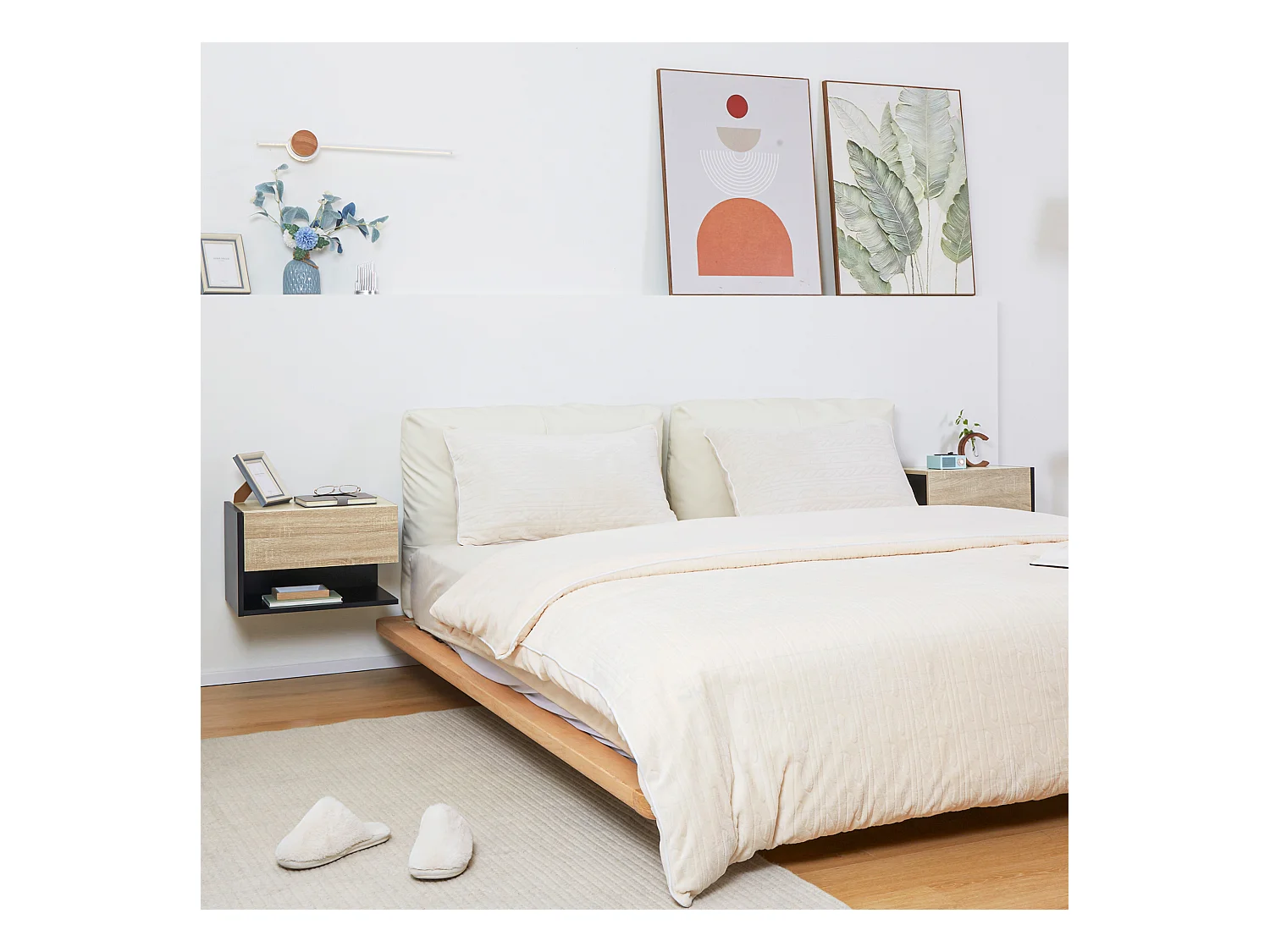 Lot de 2 tables de chevet murales - lot de 2 tables de nuit - tiroir coulissant, étagère - aspect chêne clair noir