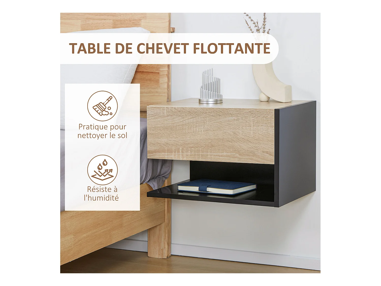 Lot de 2 tables de chevet murales - lot de 2 tables de nuit - tiroir coulissant, étagère - aspect chêne clair noir
