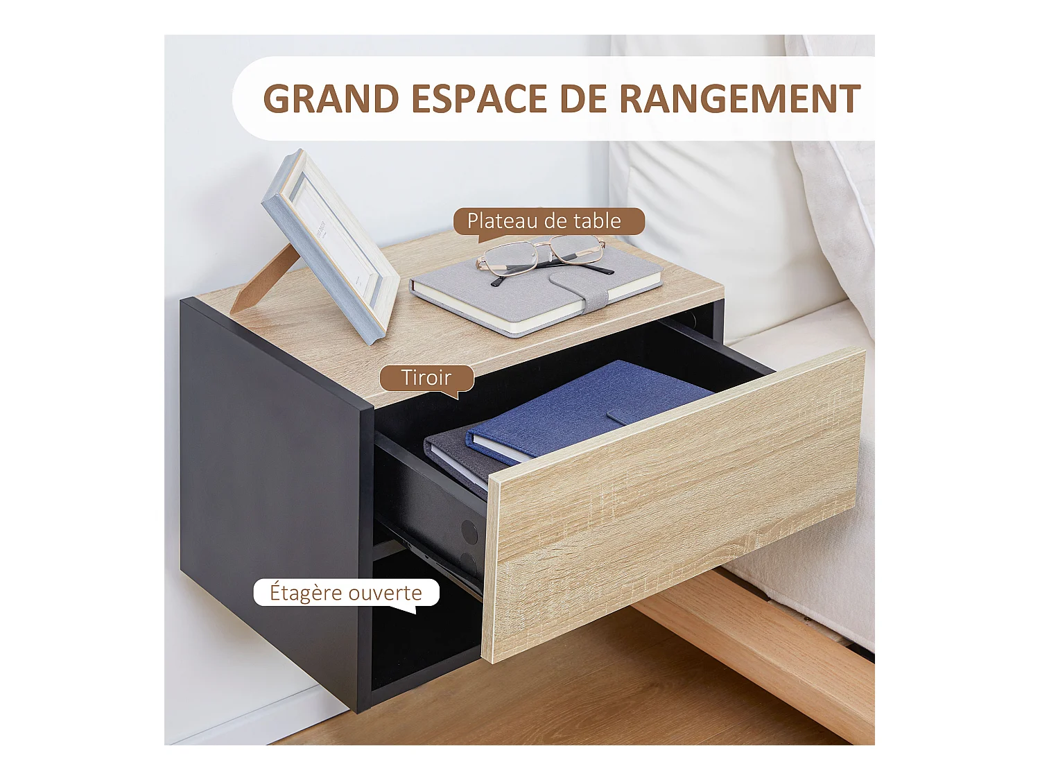 Lot de 2 tables de chevet murales - lot de 2 tables de nuit - tiroir coulissant, étagère - aspect chêne clair noir