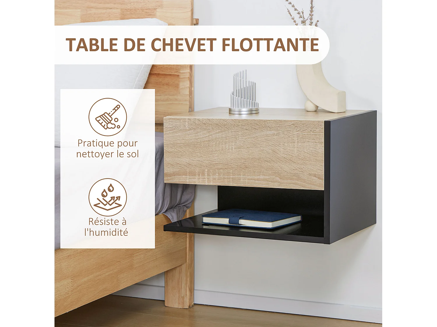 Lot de 2 tables de chevet murales - lot de 2 tables de nuit - tiroir coulissant, étagère - aspect chêne clair noir