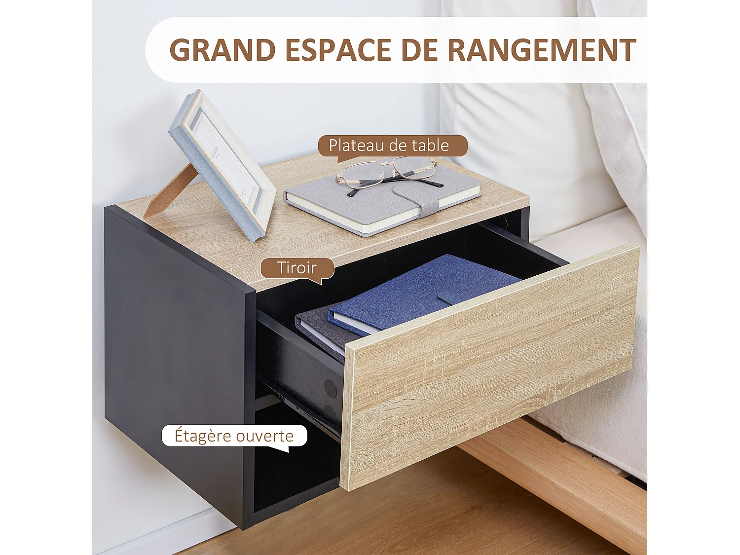 Lot de 2 tables de chevet murales - lot de 2 tables de nuit - tiroir coulissant, étagère - aspect chêne clair noir