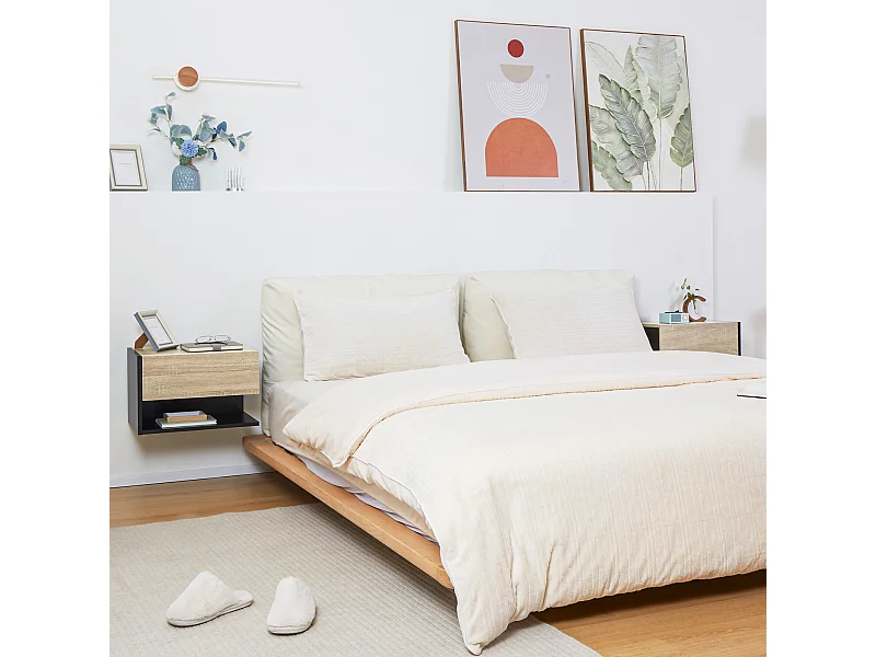 Lot de 2 tables de chevet murales - lot de 2 tables de nuit - tiroir coulissant, étagère - aspect chêne clair noir