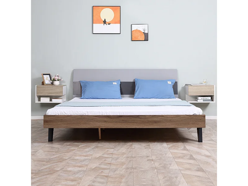 Lot de 2 tables de chevet murales - lot de 2 tables de nuit - tiroir coulissant, étagère, plateau - panneaux particules bicolore aspect chêne clair blanc