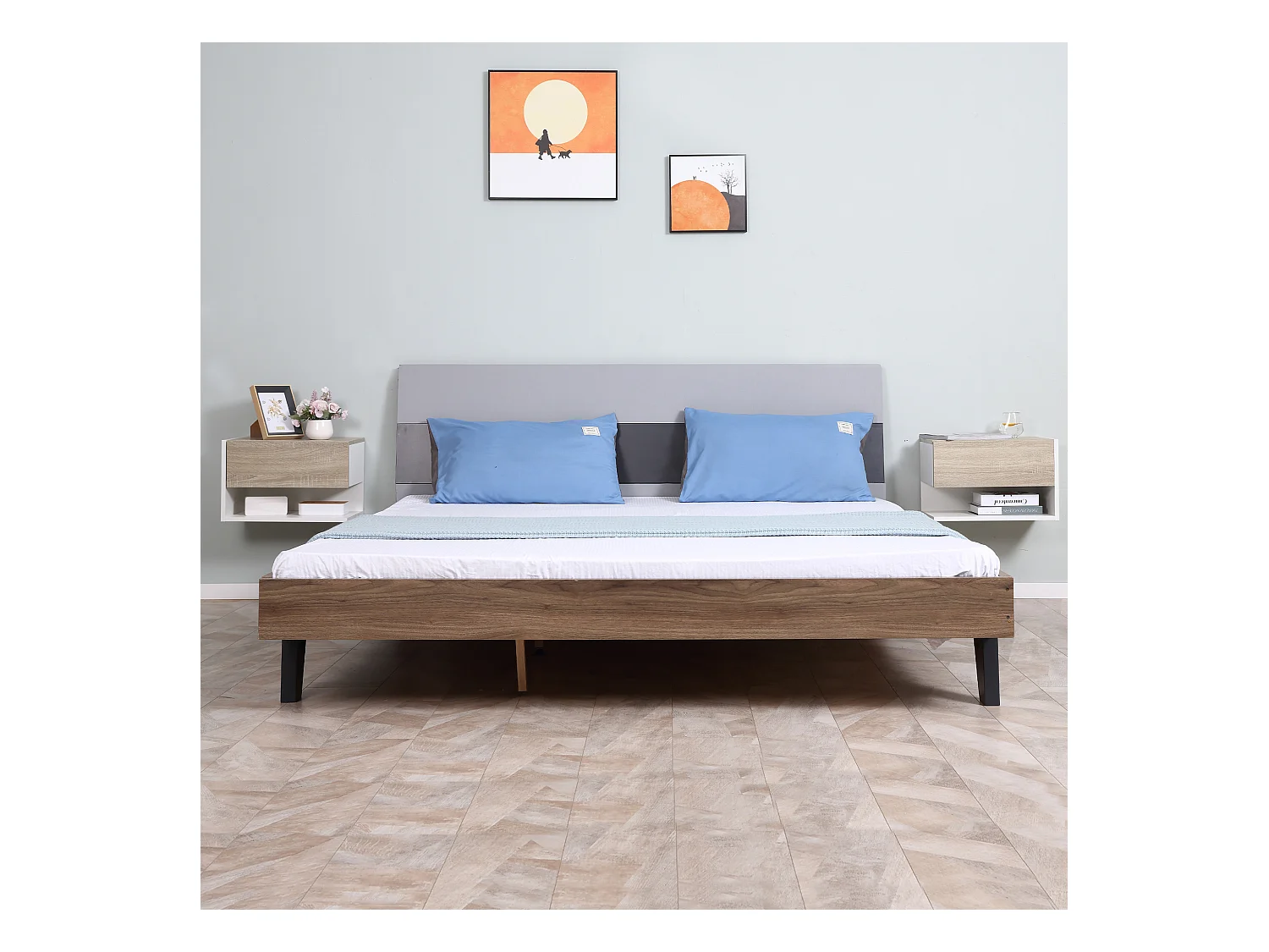 Lot de 2 tables de chevet murales - lot de 2 tables de nuit - tiroir coulissant, étagère, plateau - panneaux particules bicolore aspect chêne clair blanc