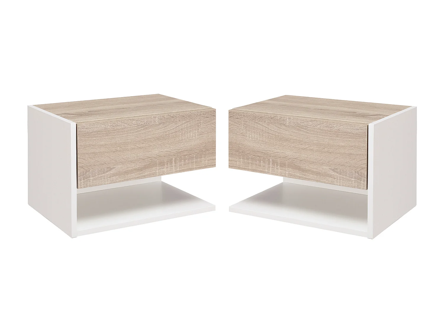 Lot de 2 tables de chevet murales - lot de 2 tables de nuit - tiroir coulissant, étagère, plateau - panneaux particules bicolore aspect chêne clair blanc
