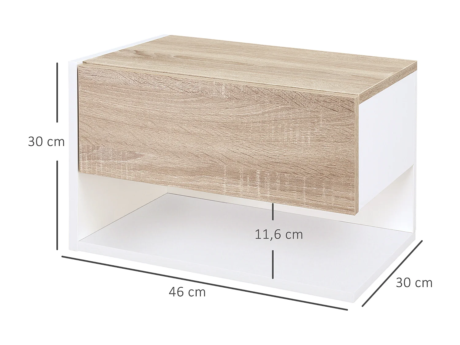 Lot de 2 tables de chevet murales - lot de 2 tables de nuit - tiroir coulissant, étagère, plateau - panneaux particules bicolore aspect chêne clair blanc