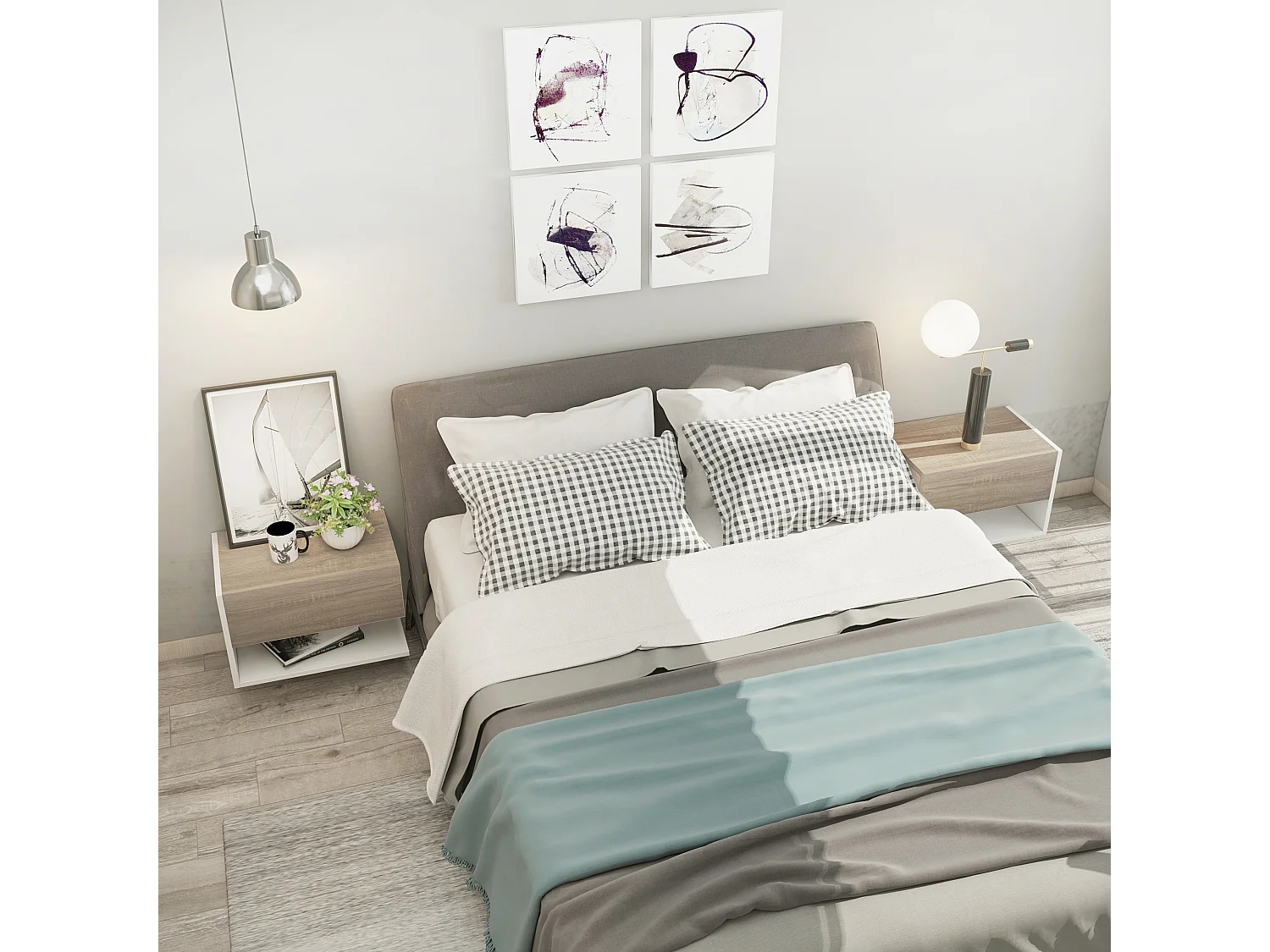 Lot de 2 tables de chevet murales - lot de 2 tables de nuit - tiroir coulissant, étagère, plateau - panneaux particules bicolore aspect chêne clair blanc