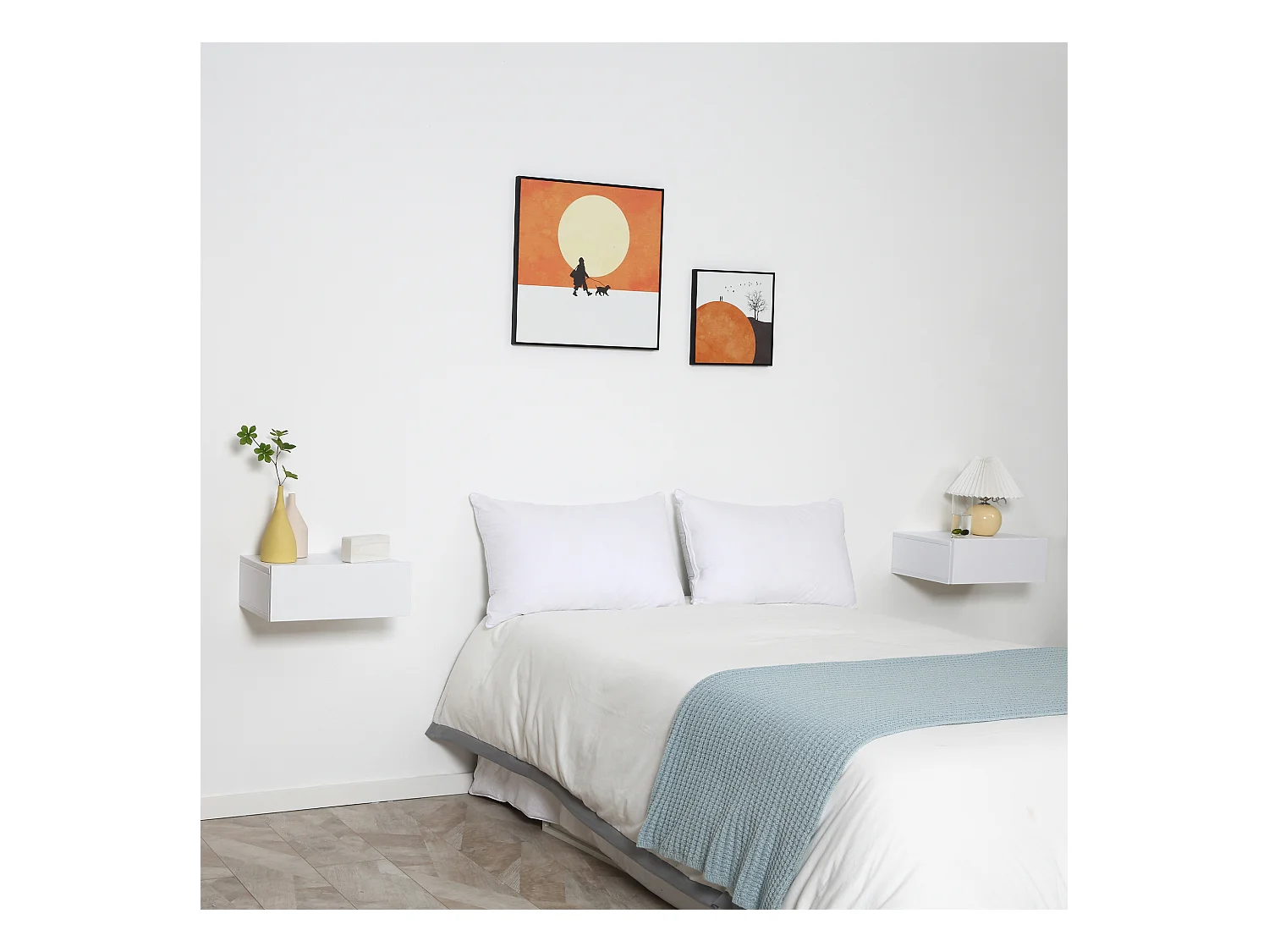 Lot de 2 tables de chevet murales - lot de 2 tables de nuit - tiroir coulissant, plateau - panneaux particules blanc