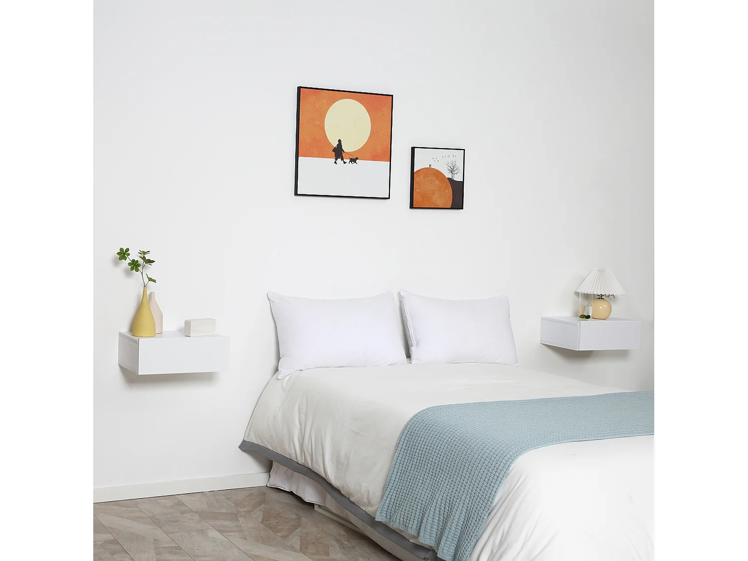 Lot de 2 tables de chevet murales - lot de 2 tables de nuit - tiroir coulissant, plateau - panneaux particules blanc