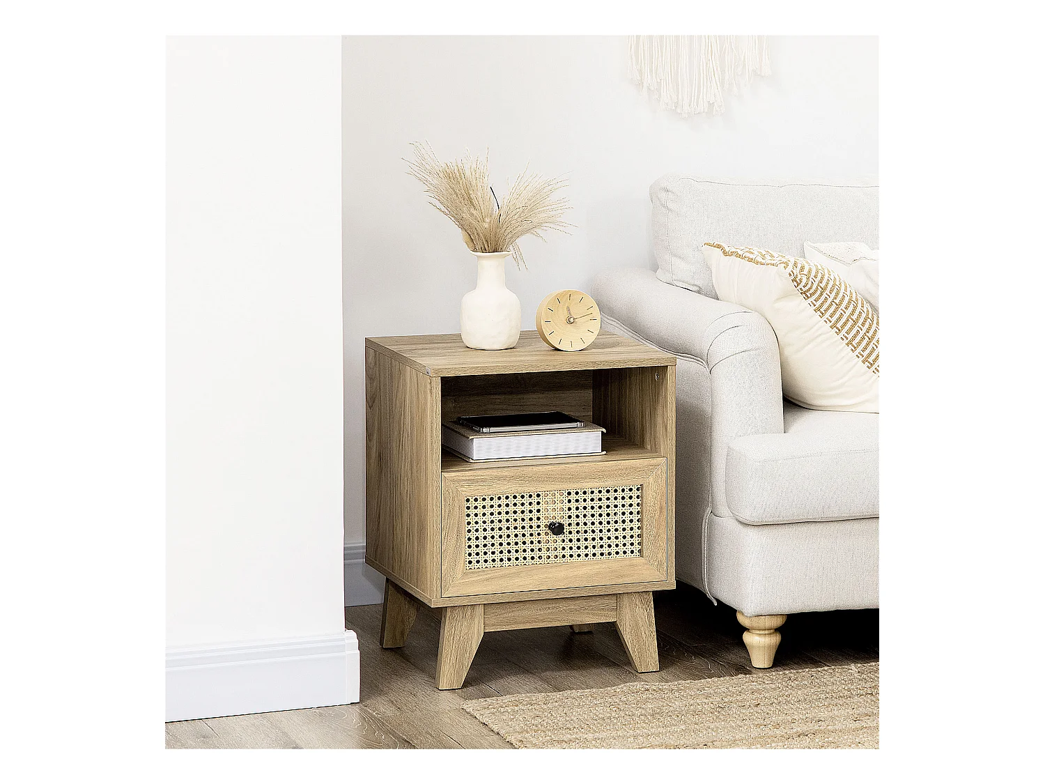 Chevet style bohème - table de nuit design - tiroir, niche - aspect bois manguier rotin