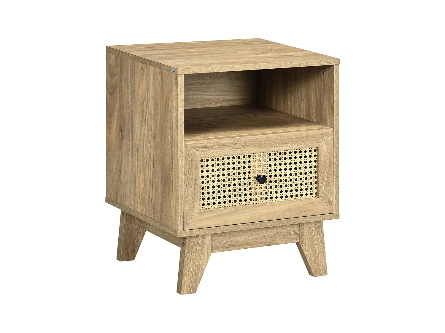 Chevet style bohème - table de nuit design - tiroir, niche - aspect bois manguier rotin