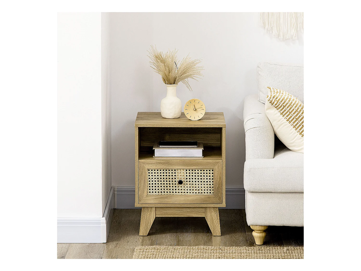 Chevet style bohème - table de nuit design - tiroir, niche - aspect bois manguier rotin