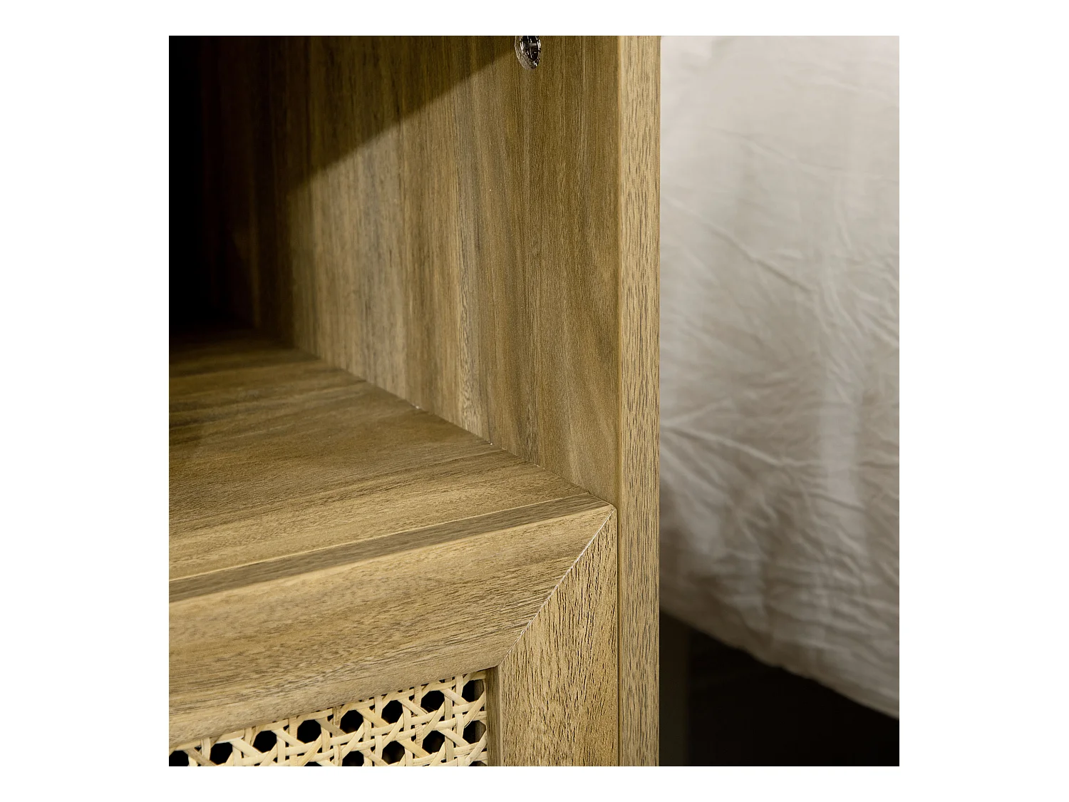 Chevet style bohème - table de nuit design - tiroir, niche - aspect bois manguier rotin