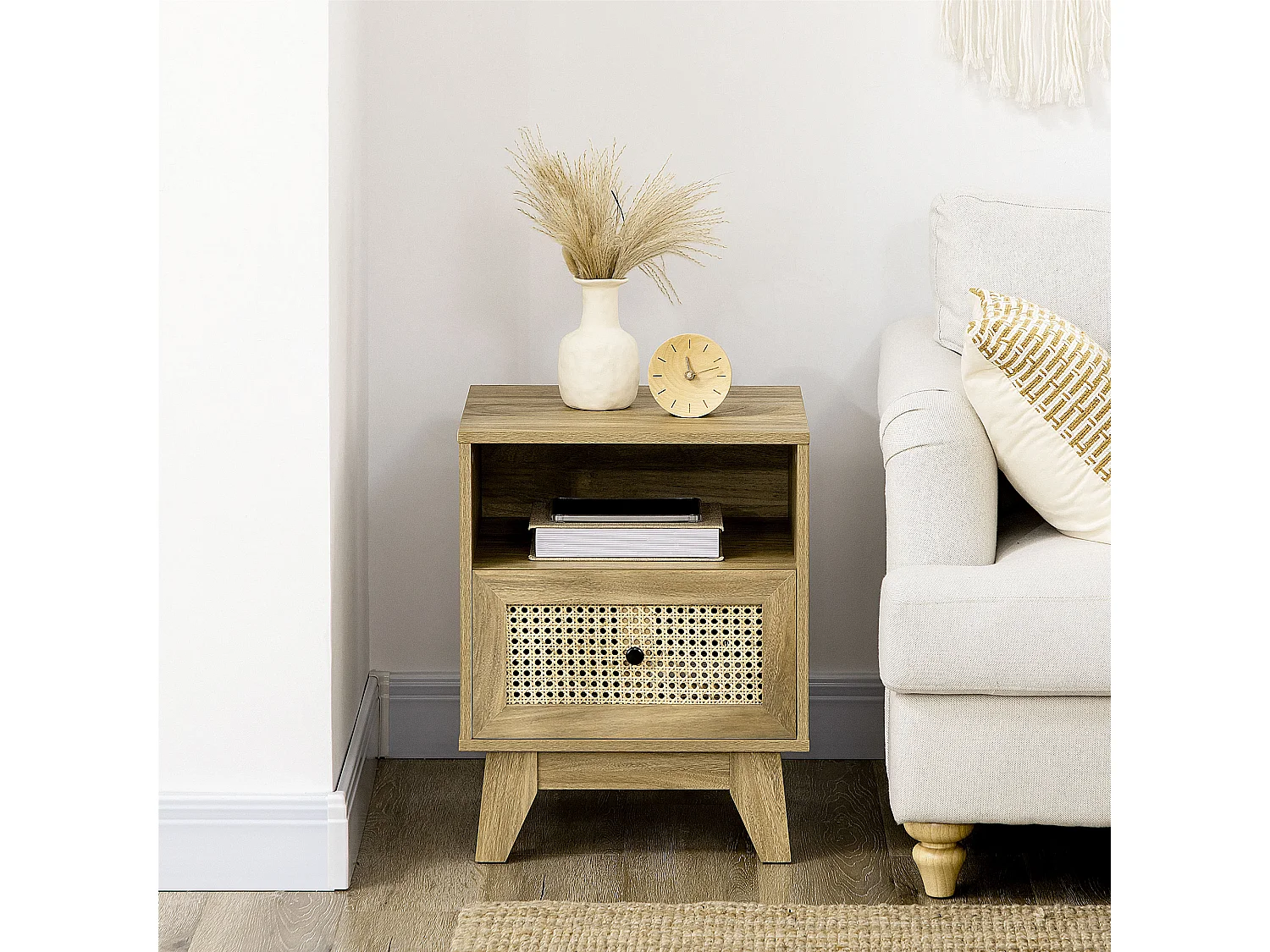 Chevet style bohème - table de nuit design - tiroir, niche - aspect bois manguier rotin