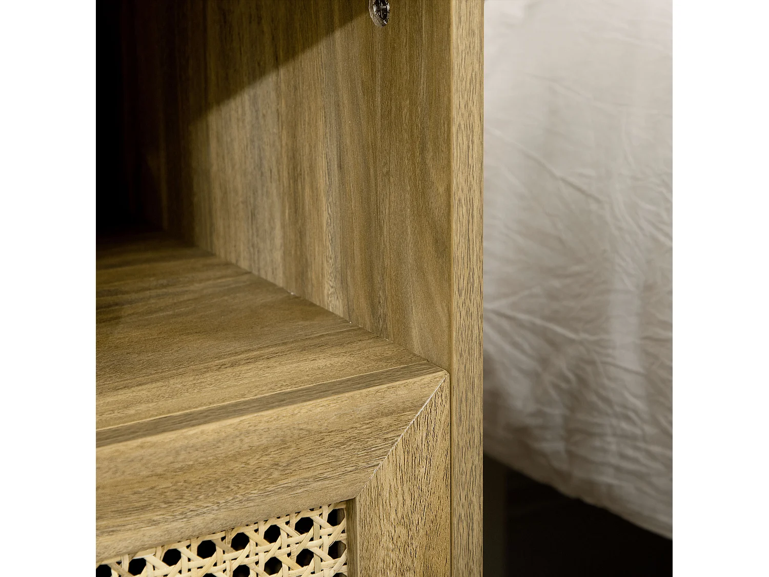 Chevet style bohème - table de nuit design - tiroir, niche - aspect bois manguier rotin