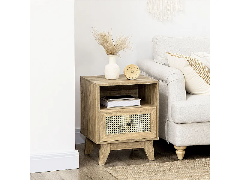 Chevet style bohème - table de nuit design - tiroir, niche - aspect bois manguier rotin