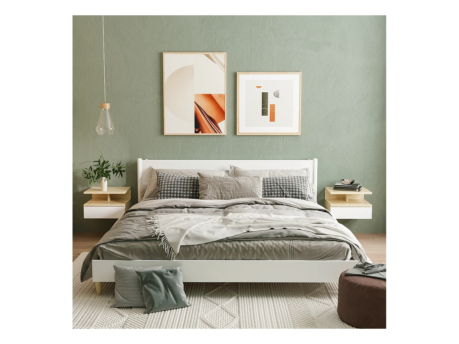 Lot de 2 tables de chevet murales - lot de 2 tables de nuit - tiroir coulissant, niche et plateau - aspect chêne clair blanc