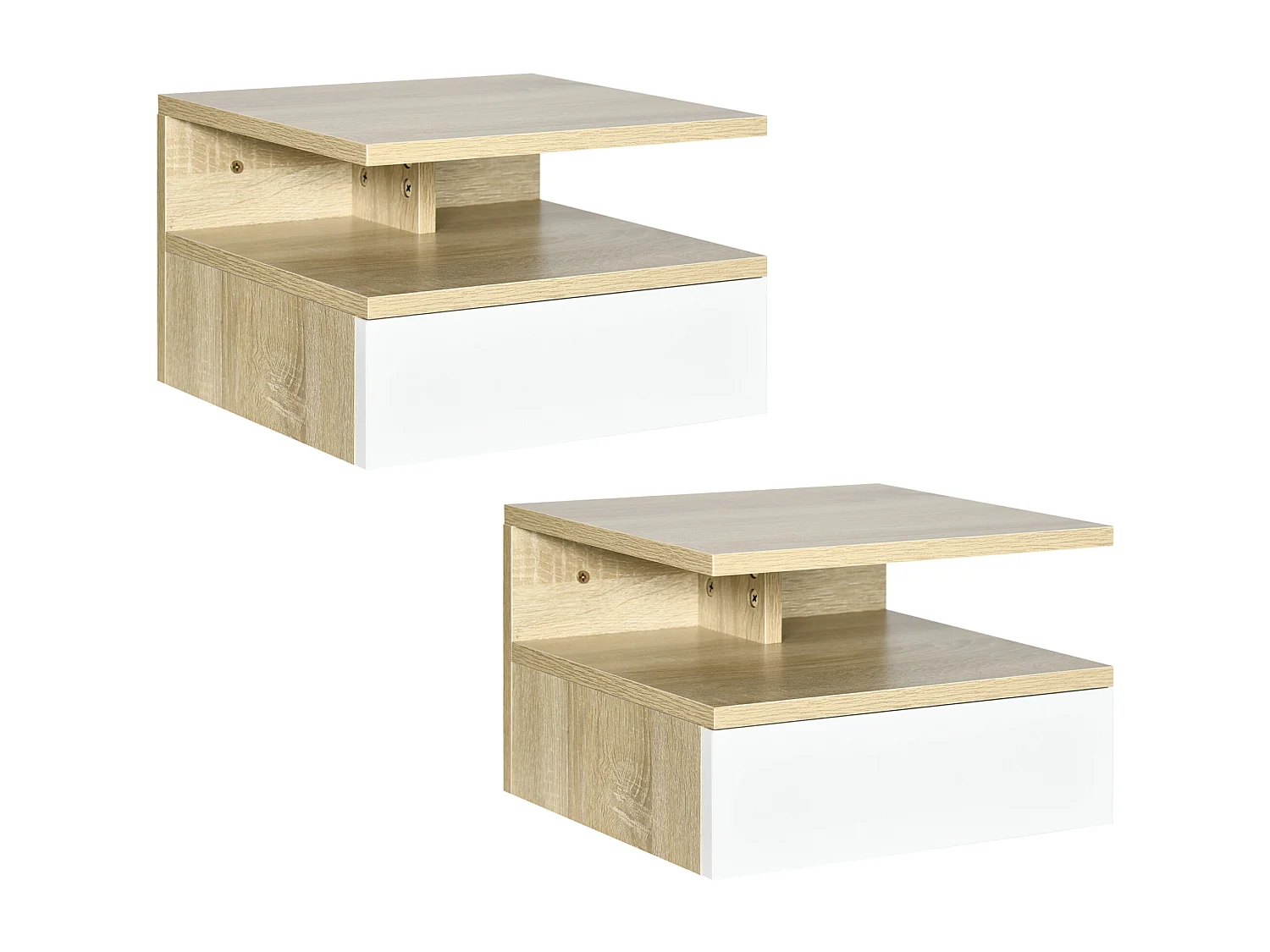 Lot de 2 tables de chevet murales - lot de 2 tables de nuit - tiroir coulissant, niche et plateau - aspect chêne clair blanc