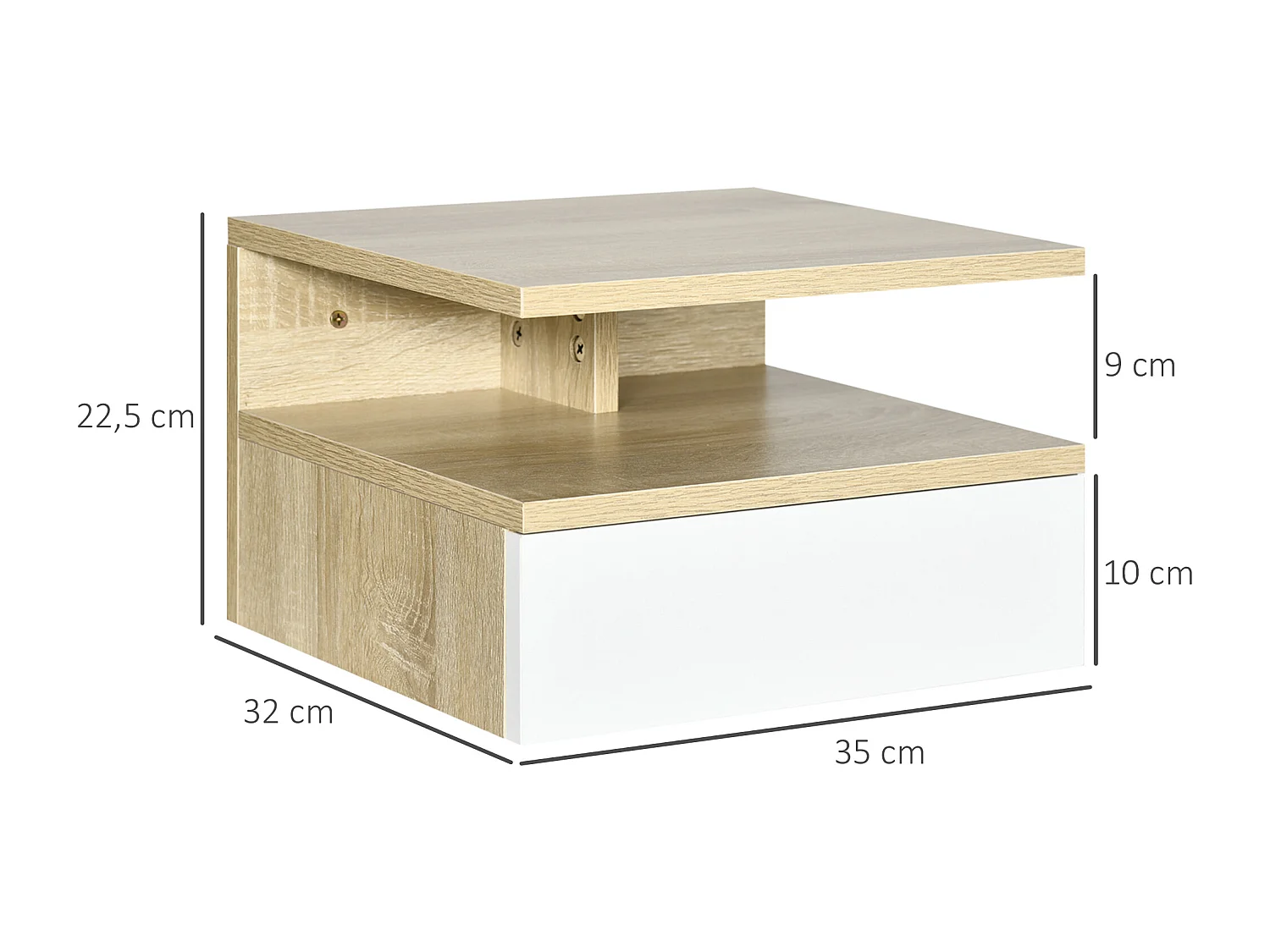 Lot de 2 tables de chevet murales - lot de 2 tables de nuit - tiroir coulissant, niche et plateau - aspect chêne clair blanc
