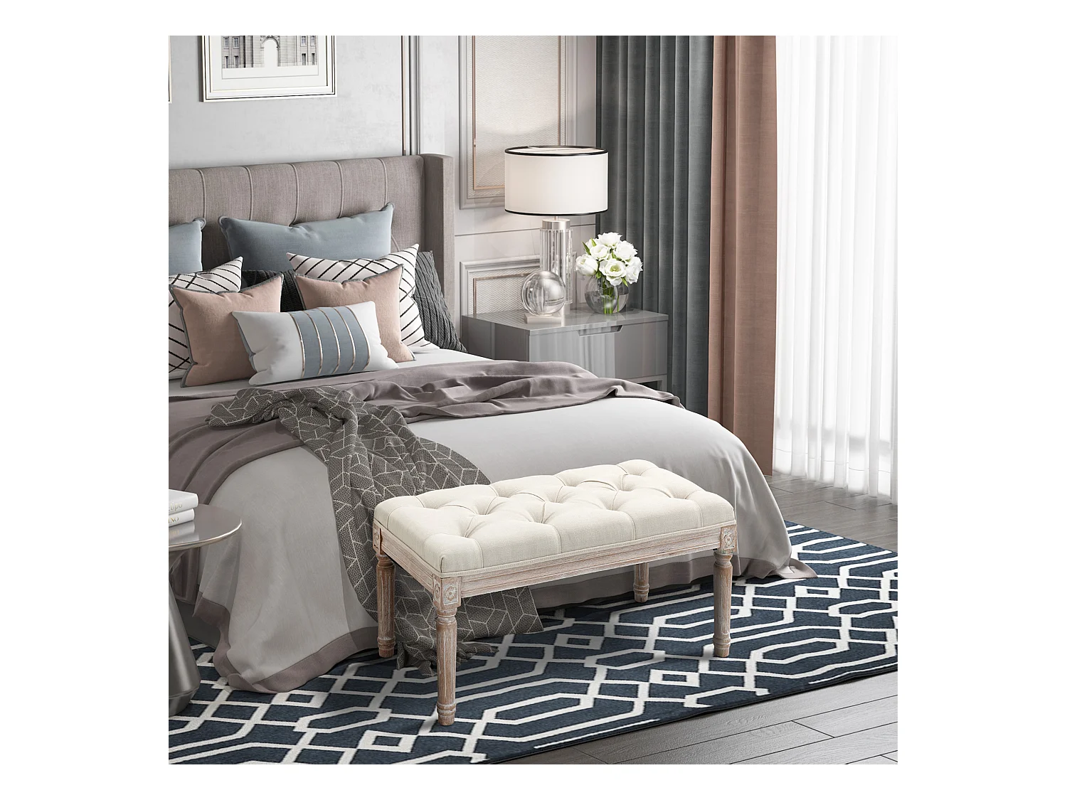 Tabouret repose-pied capitonné style classique - bois d'hévéa sculpté, patiné - revêtement aspect lin beige