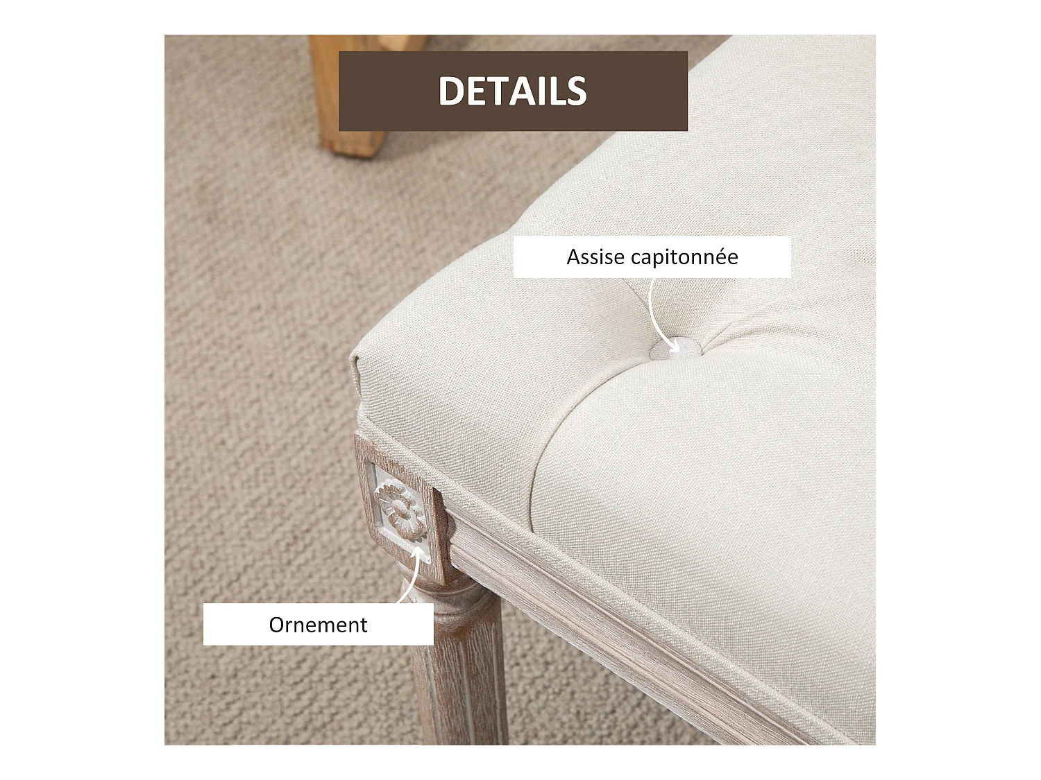 Tabouret repose-pied capitonné style classique - bois d'hévéa sculpté, patiné - revêtement aspect lin beige