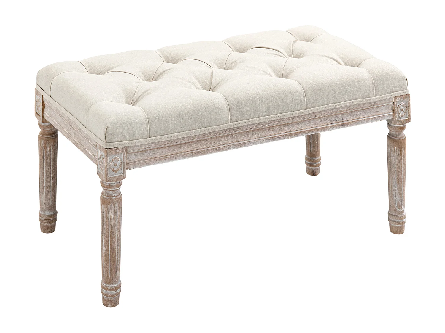 Tabouret repose-pied capitonné style classique - bois d'hévéa sculpté, patiné - revêtement aspect lin beige