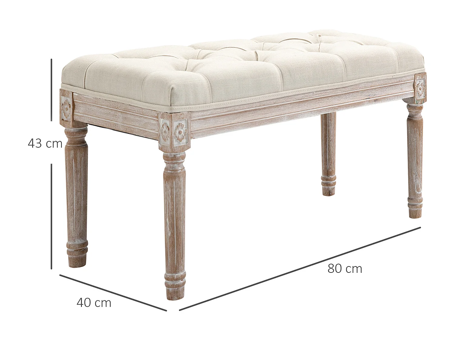 Tabouret repose-pied capitonné style classique - bois d'hévéa sculpté, patiné - revêtement aspect lin beige