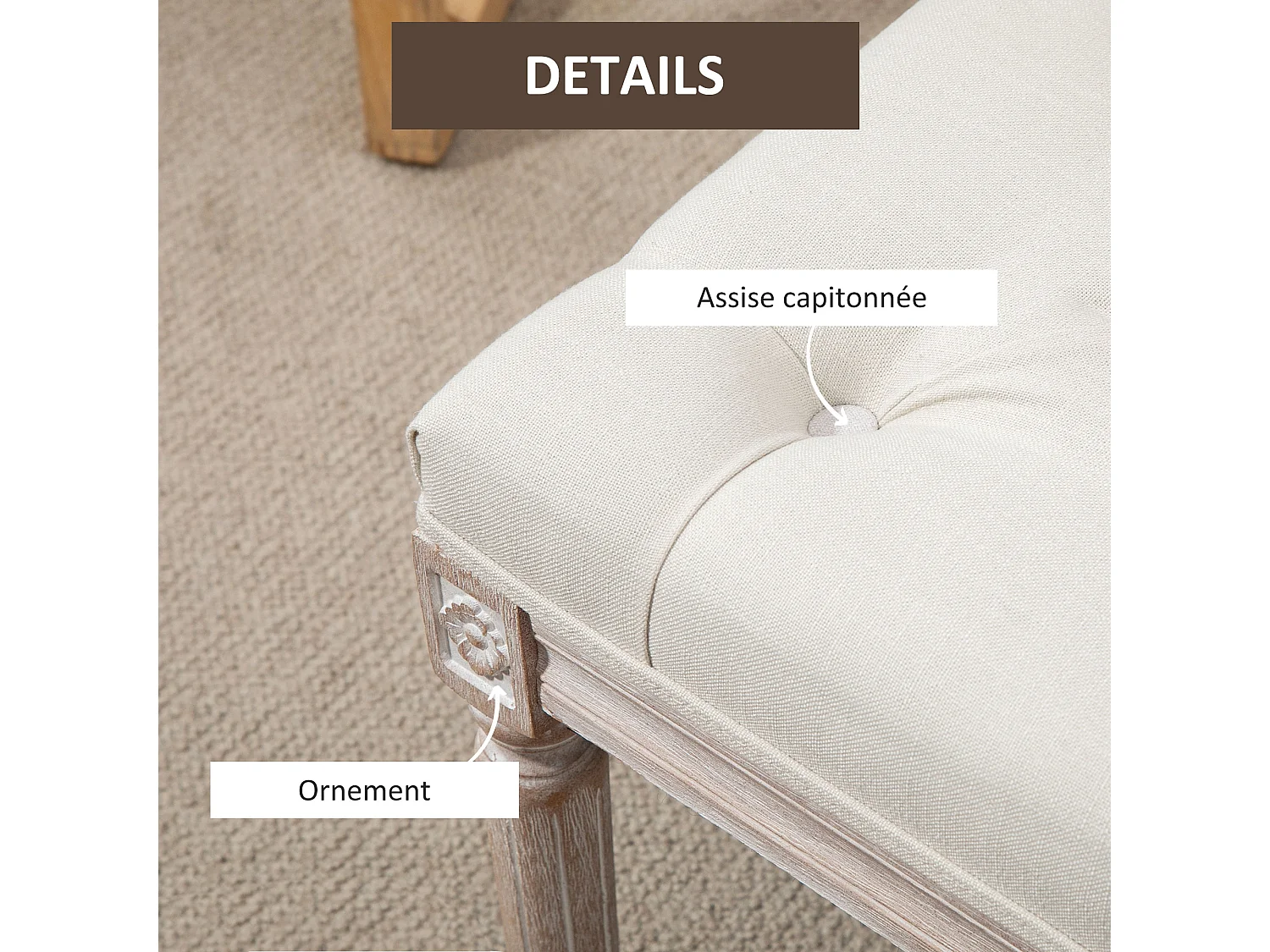 Tabouret repose-pied capitonné style classique - bois d'hévéa sculpté, patiné - revêtement aspect lin beige