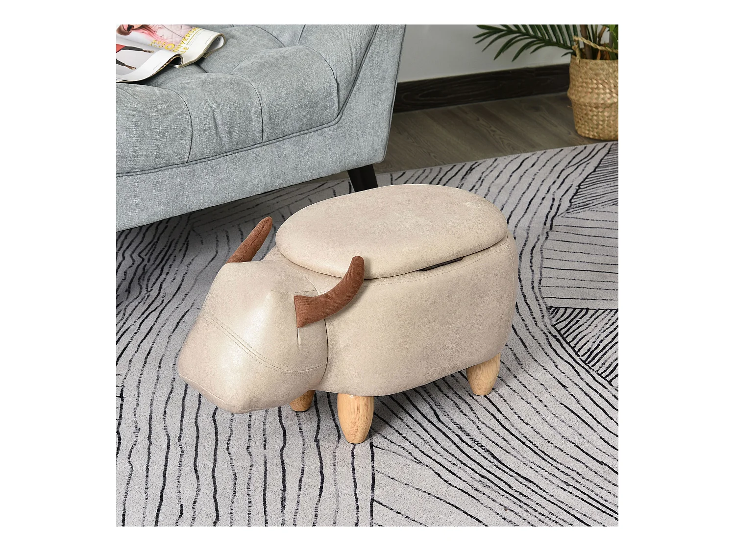 Tabouret vache - pouf vachette - pouf taureau coffre de rangement 2 en 1 - pieds bois d'hévéa revêtement synthétique crème