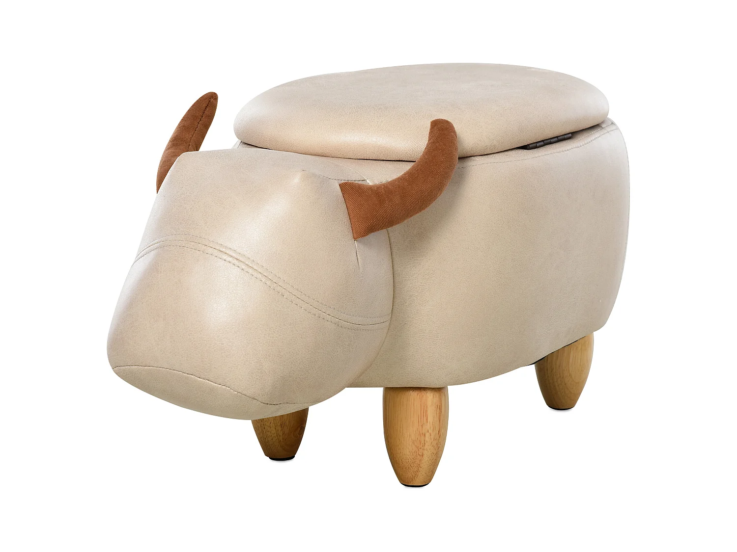 Tabouret vache - pouf vachette - pouf taureau coffre de rangement 2 en 1 - pieds bois d'hévéa revêtement synthétique crème