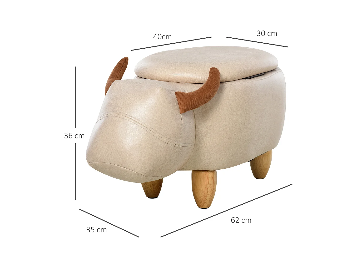 Tabouret vache - pouf vachette - pouf taureau coffre de rangement 2 en 1 - pieds bois d'hévéa revêtement synthétique crème