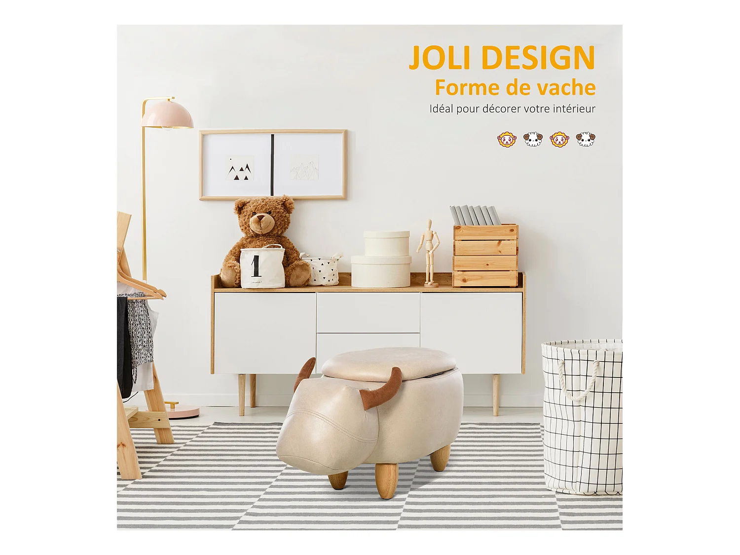 Tabouret vache - pouf vachette - pouf taureau coffre de rangement 2 en 1 - pieds bois d'hévéa revêtement synthétique crème