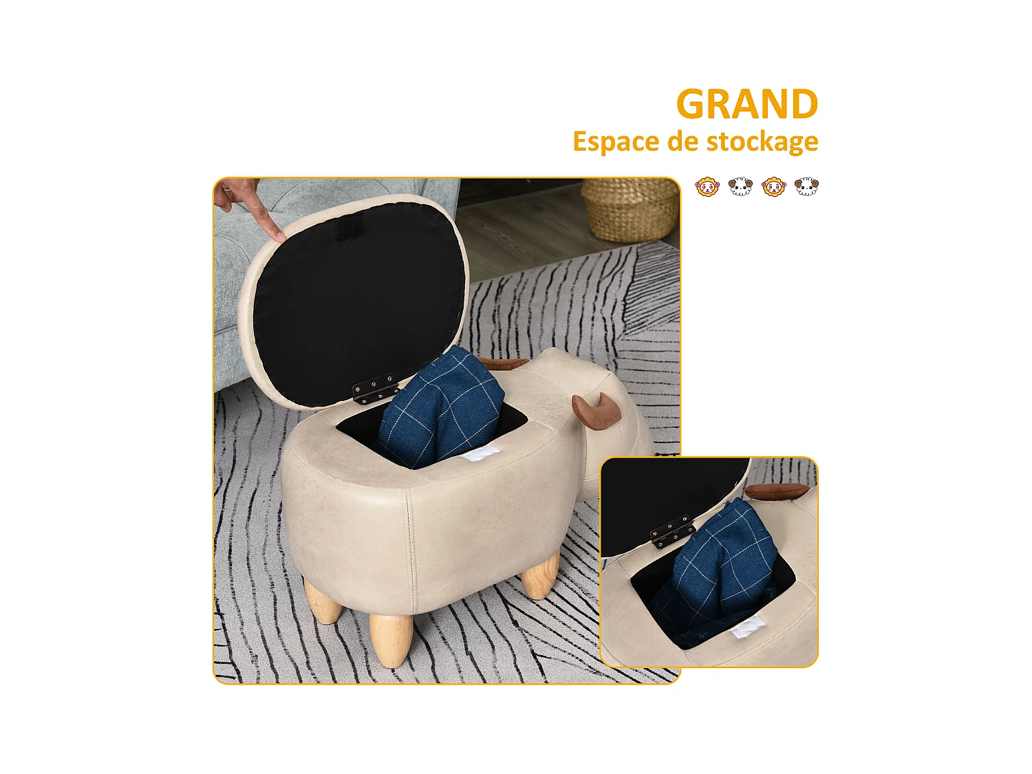 Tabouret vache - pouf vachette - pouf taureau coffre de rangement 2 en 1 - pieds bois d'hévéa revêtement synthétique crème