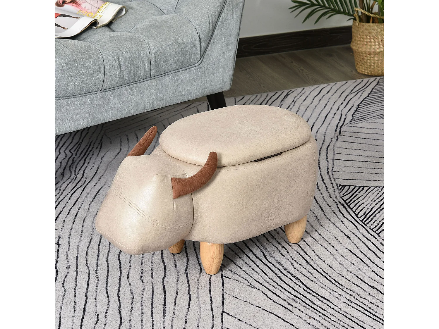Tabouret vache - pouf vachette - pouf taureau coffre de rangement 2 en 1 - pieds bois d'hévéa revêtement synthétique crème